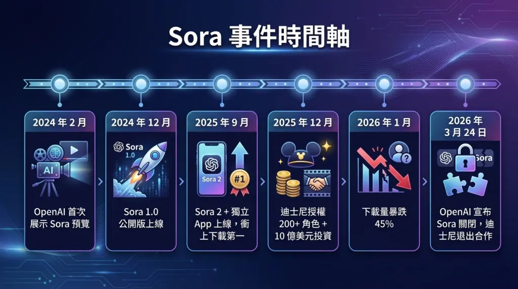 Sora 關閉前關鍵事件時間線表