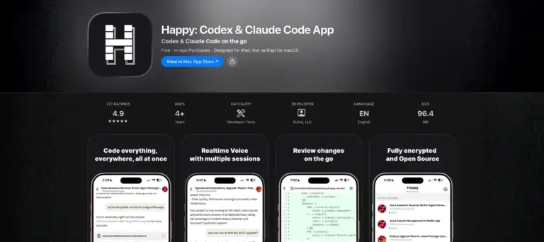 Happy: Codex & Claude Code App 在 App Store 完整頁面，主打隨時隨地寫程式、即時語音、遠端審查變更