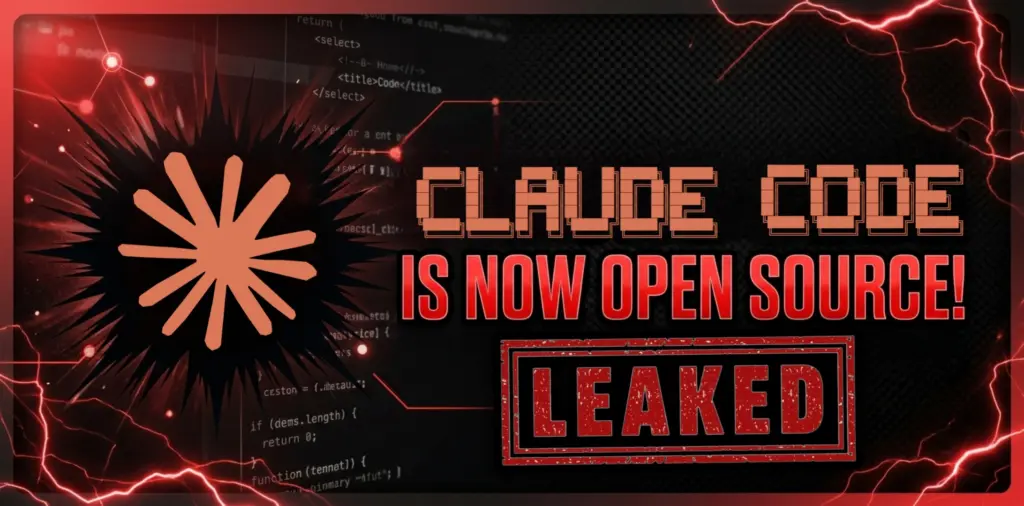 網路流傳的 Claude Code 原始碼洩漏橫幅圖，標題為 Claude Code Is Now Open Source! Leaked