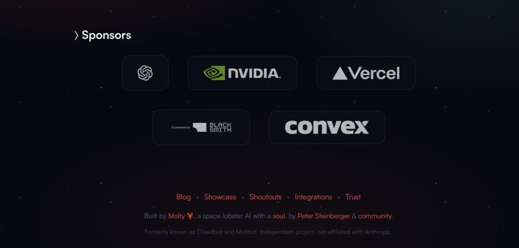 OpenClaw（前身 Clawbot）贊助商頁面，顯示 OpenAI、NVIDIA、Vercel、BlackSmith、Convex 等贊助商