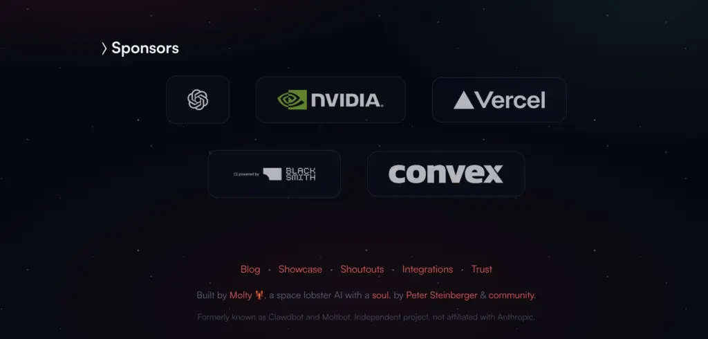 OpenClaw（前身 Clawbot）贊助商頁面，顯示 OpenAI、NVIDIA、Vercel、BlackSmith、Convex 等贊助商