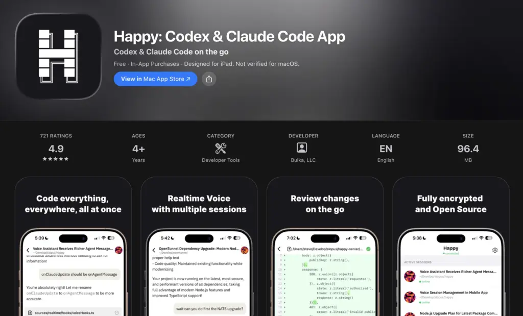 Happy: Codex & Claude Code App 在 Mac App Store 頁面,評分 4.9 顆星共 721 則評分,96.4MB