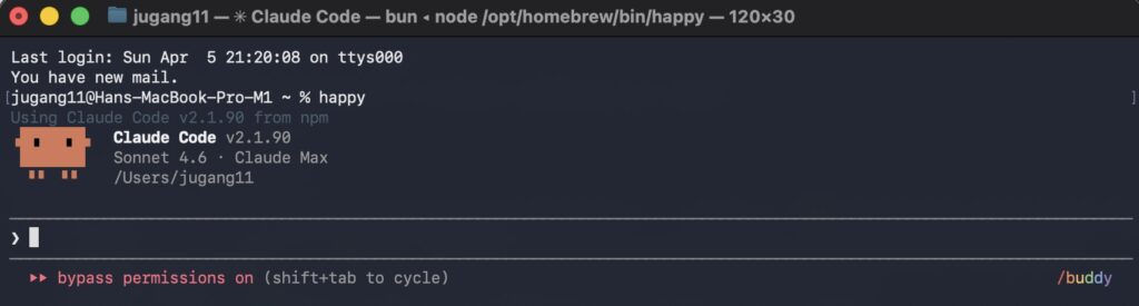 終端機執行 happy 指令後啟動畫面，顯示 Claude Code v2.1.90、Sonnet 4.6、Claude Max 方案