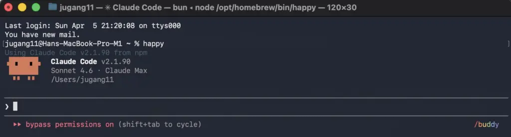 終端機執行 happy 指令後啟動畫面,顯示 Claude Code v2.1.90、Sonnet 4.6、Claude Max 方案
