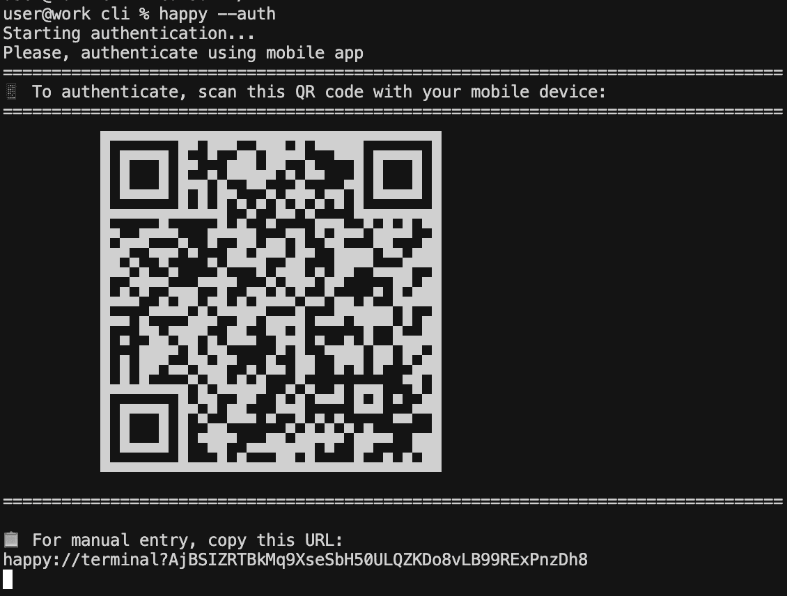 執行 happy --auth 指令後終端機顯示 QR code，用手機 app 掃描即可配對，完成 Happy Coder 手機遙控 Claude Code 的認證設定