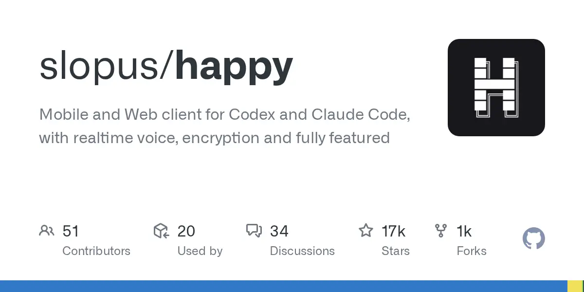 slopus/happy GitHub 開源專案頁面,定位為 Codex 與 Claude Code 的手機和網頁端,支援即時語音與加密,17k Stars、1k Forks、51 Contributors