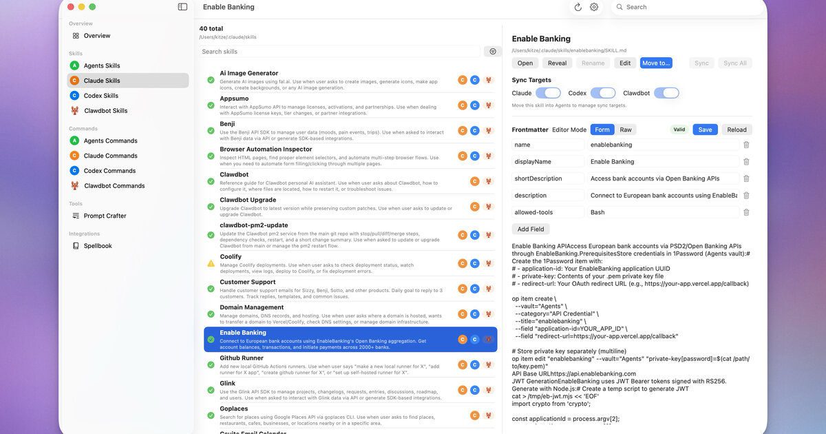 OpenClaw Skills 管理介面截圖，展示可安裝的 AI Agent 技能清單與編輯器