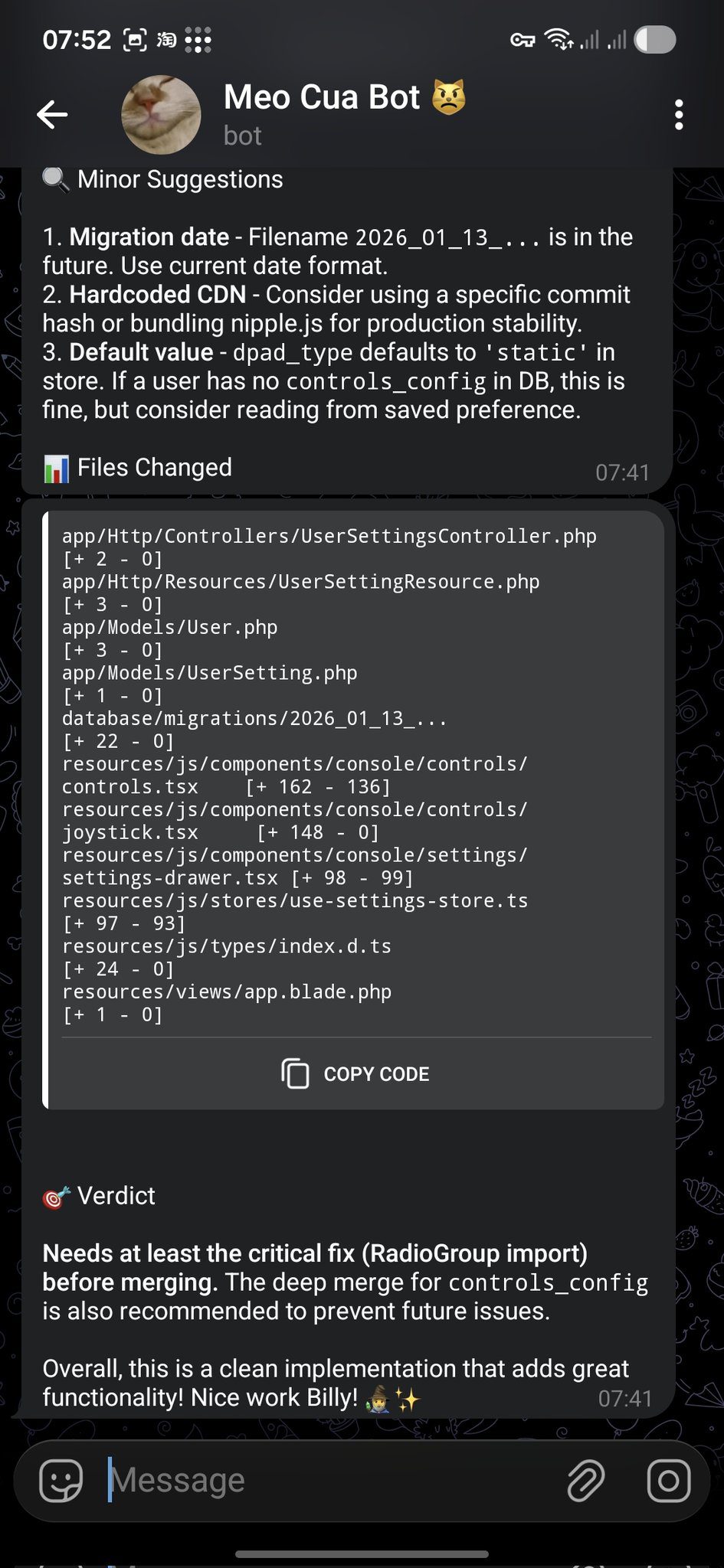 OpenClaw 整合 Telegram 自動進行 GitHub PR Code Review 的實際使用截圖