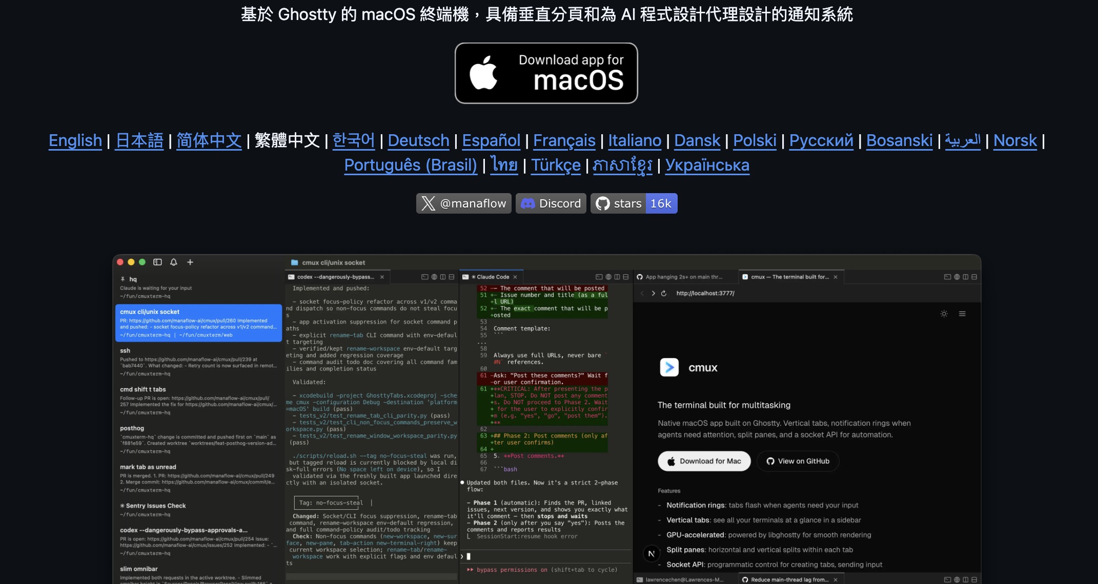 cmux 終端機多視窗介面，AI 程式助手 CLI 多工操作畫面