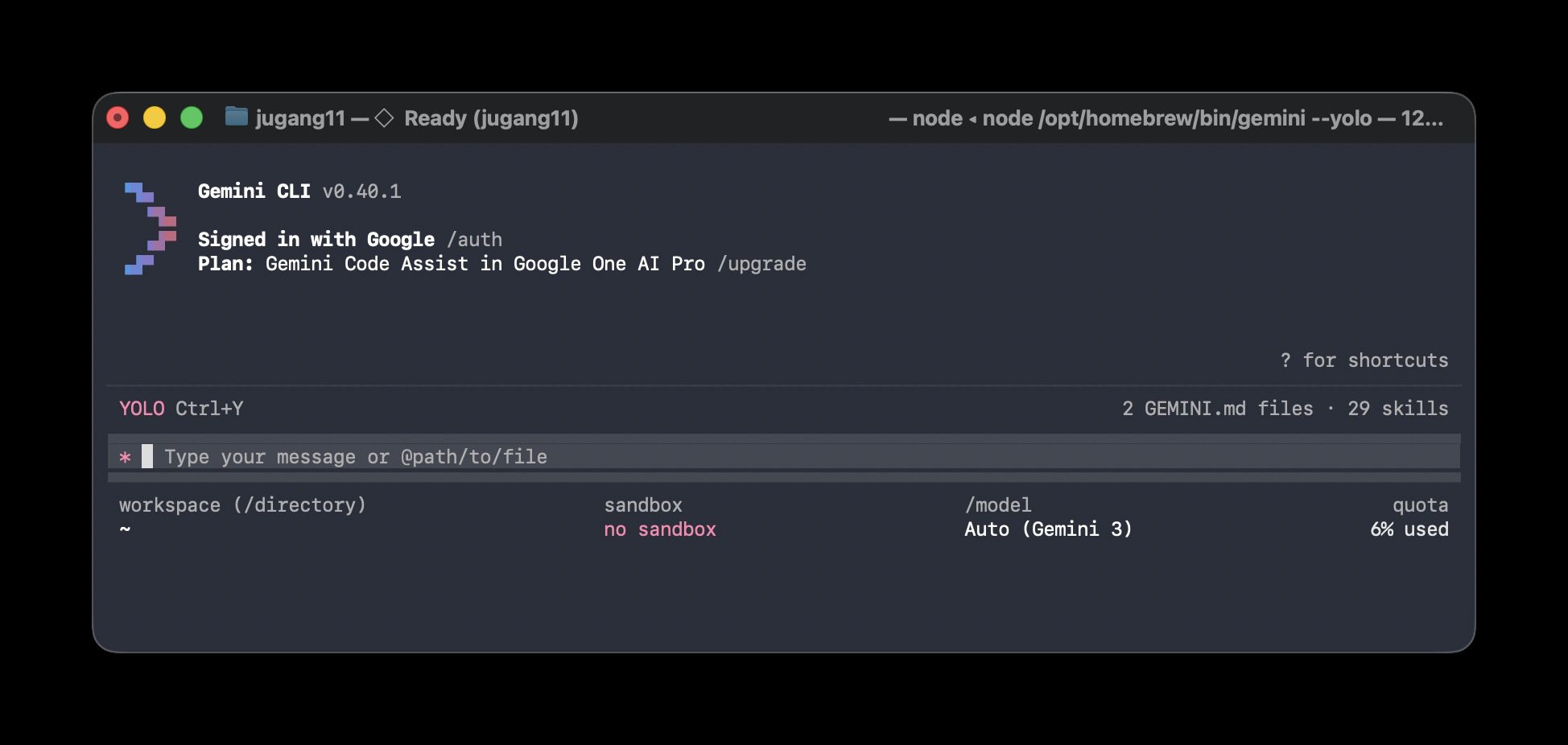 Gemini CLI 終端機介面，--yolo 旗標 YOLO 模式權限全開設定