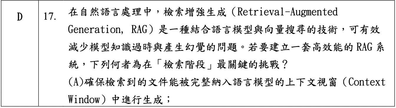 iPAS 中級科目一考古題截圖:第 17 題 RAG 檢索增強生成的檢索階段挑戰