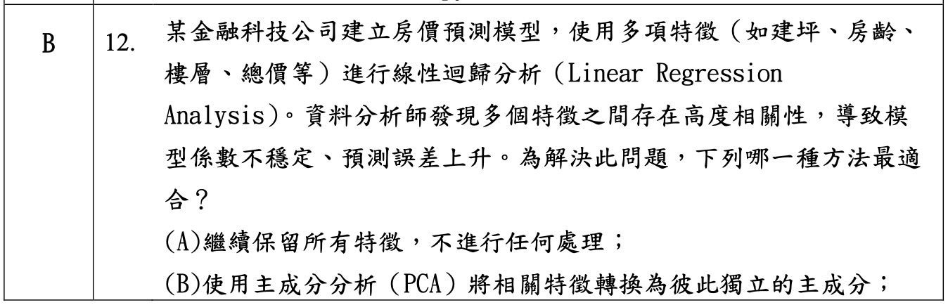 iPAS 中級科目一考古題截圖:第 12 題房價預測模型特徵高度相關性的處理方法