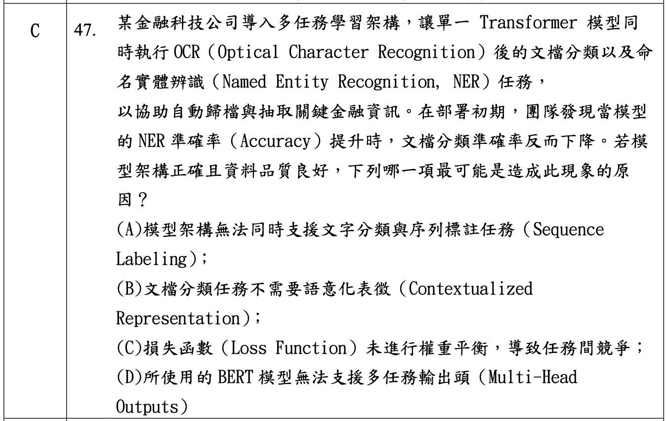iPAS 中級科目一考古題截圖:第 47 題多任務學習 OCR 加 NER 的 Loss Function 權重平衡問題