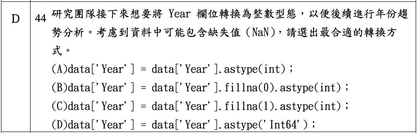 iPAS 中級科目二考古題截圖:第 44 題,pandas 將含 NaN 的 Year 欄位轉換為整數型態,考驗大寫 Int64 可空整數型態的判斷