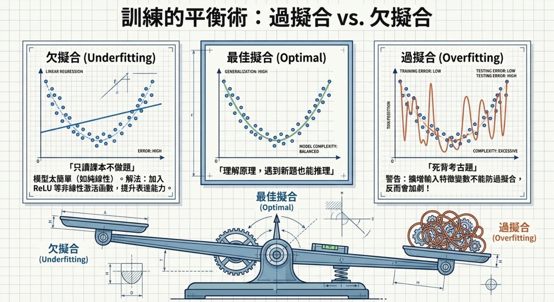訓練平衡術概念圖:天秤與曲線說明 Underfitting、Optimal、Overfitting 三種狀態的差異