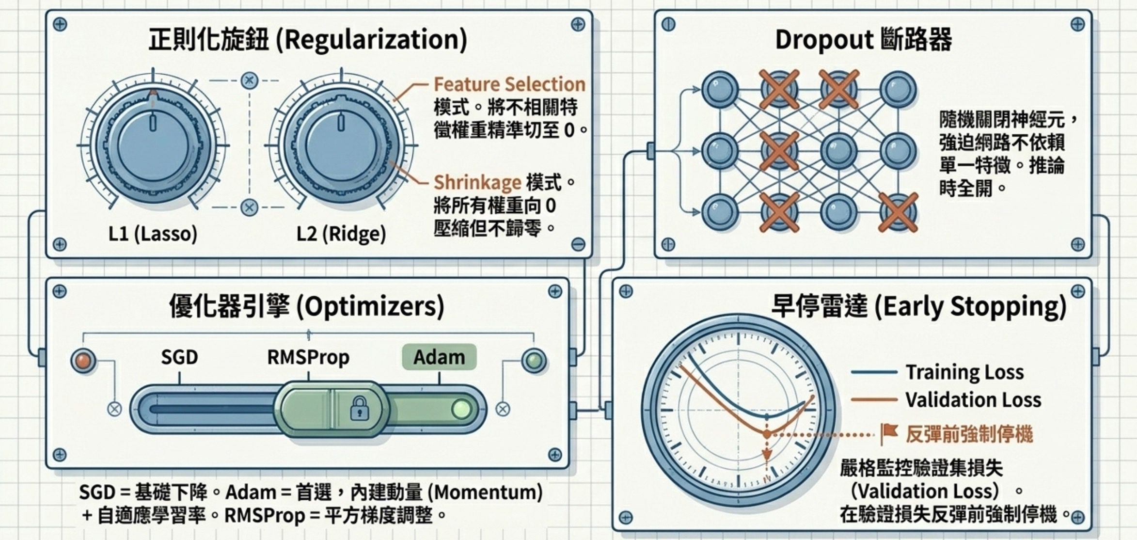 四類調控工具圖解:L1/L2 正則化旋鈕、Dropout 斷路器、SGD/RMSProp/Adam 優化器引擎、Early Stopping 雷達