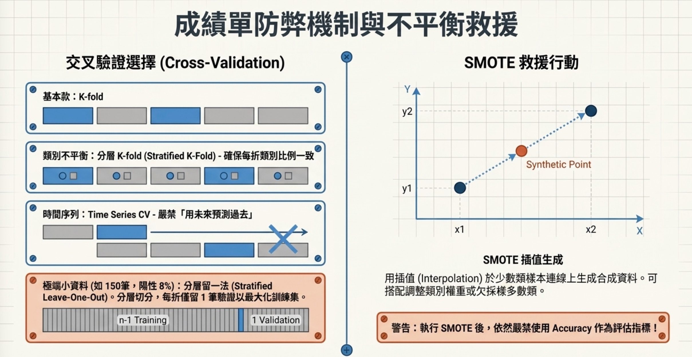 交叉驗證與不平衡處理圖解:K-Fold、Stratified K-Fold、Time Series CV 驗證方法,以及 SMOTE 插值生成合成樣本原理