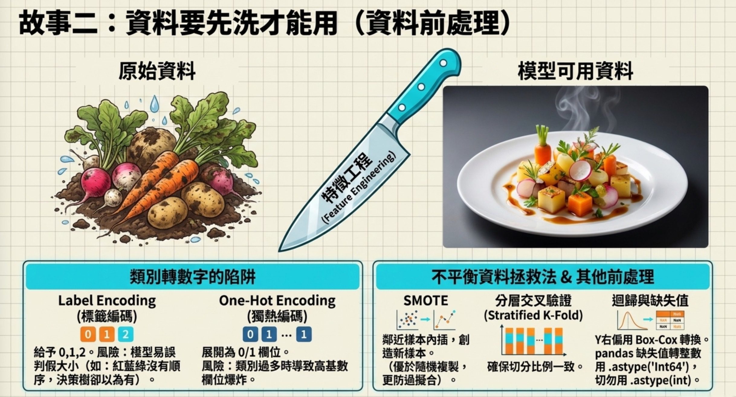 資料前處理教學圖:以原始蔬菜 vs 料理成品比喻特徵工程,說明 Label Encoding 與 One-Hot Encoding 陷阱,以及 SMOTE 不平衡資料處理