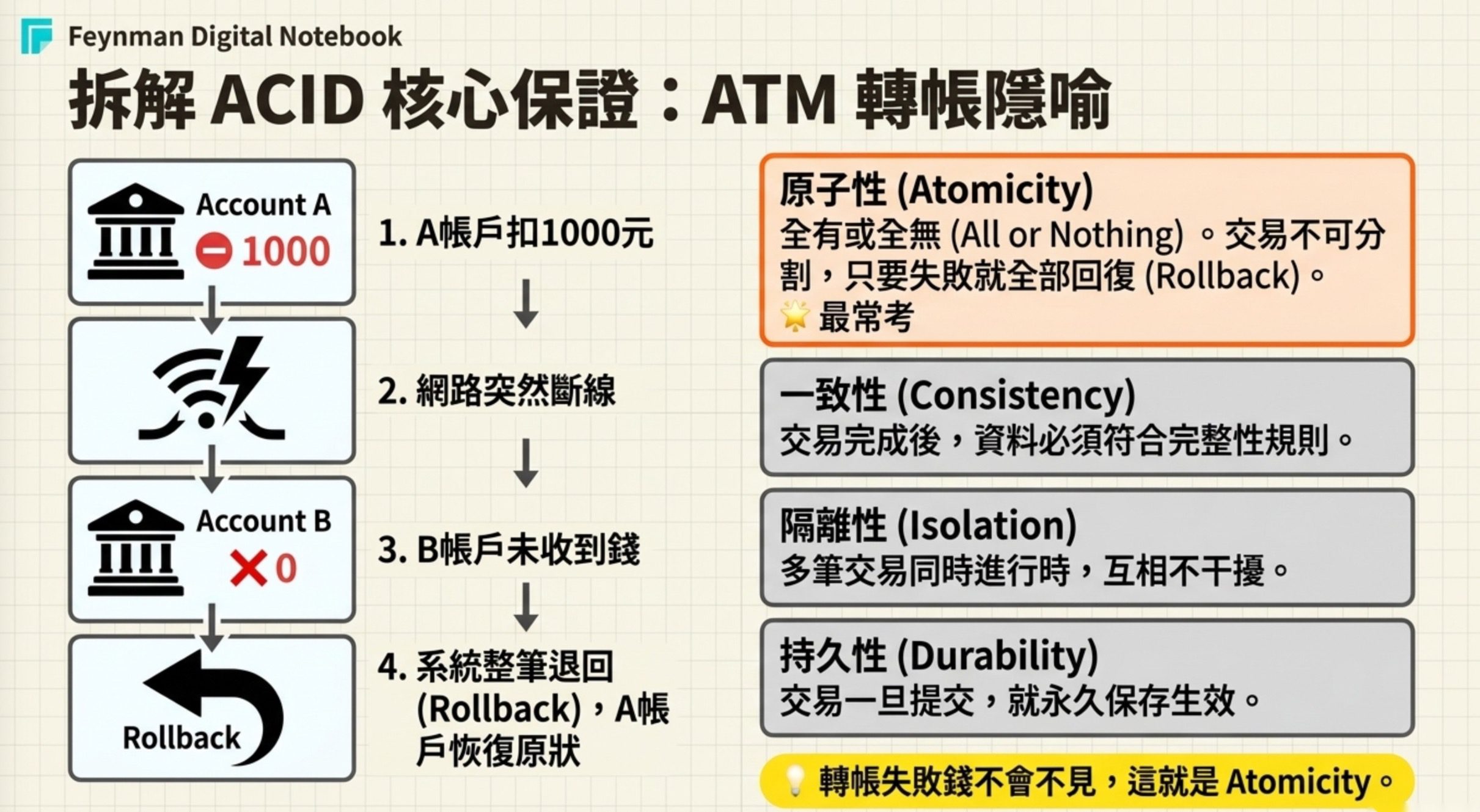 ACID 核心保證教學圖:以 ATM 轉帳為隱喻,拆解原子性、一致性、隔離性、持久性四大特性與 Rollback 流程