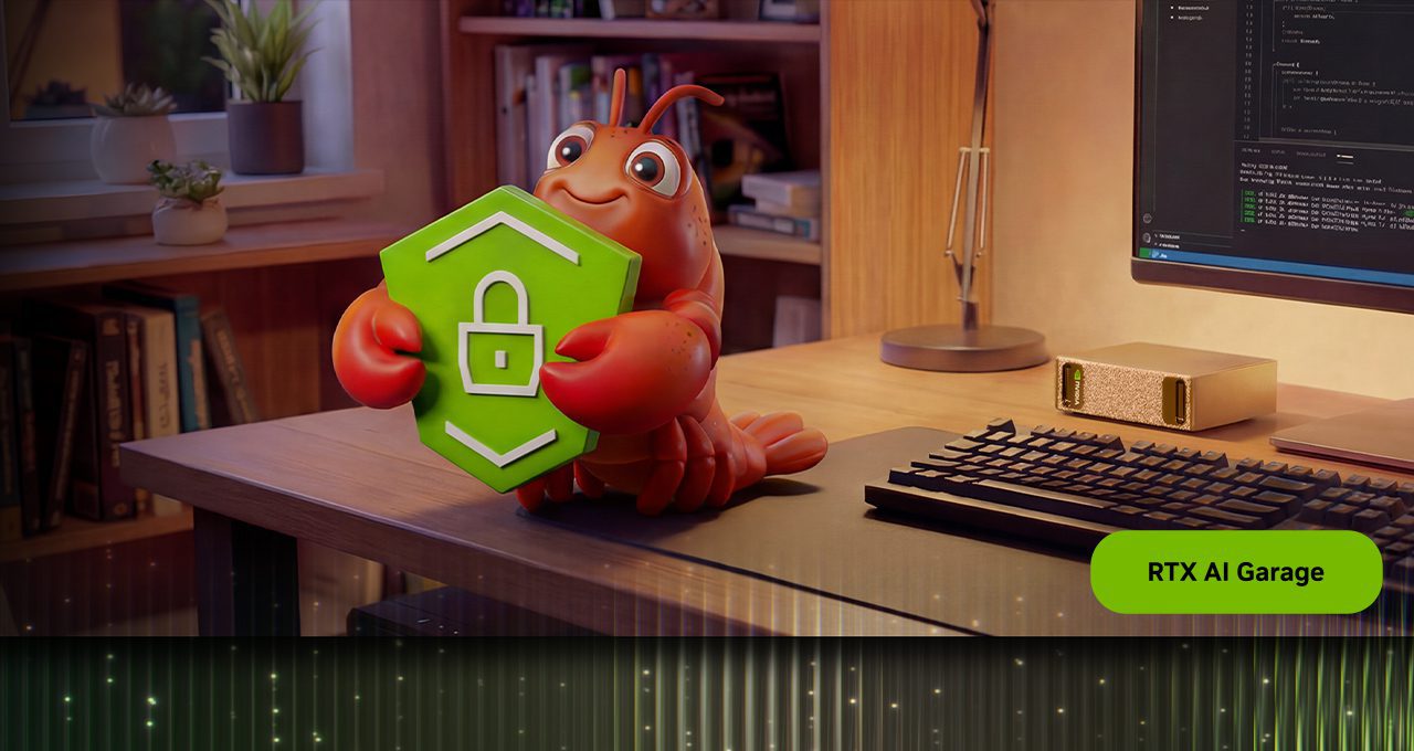 NemoClaw RTX AI Garage GTC 2026，OpenClaw 龍蝦吉祥物持 NVIDIA OpenShell 安全盾牌與 DGX Spark