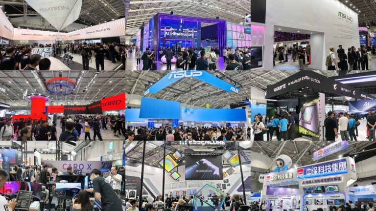 COMPUTEX 2026 展位設計觀察，南港展覽館一館四樓九家攤位設計拼貼