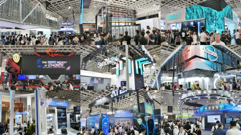 COMPUTEX 2026 展位設計：技嘉、維諦、光寶、芝奇、群暉、雙鴻、精英、宏正、樺漢等南港一館一樓攤位全景 3x3 拼貼