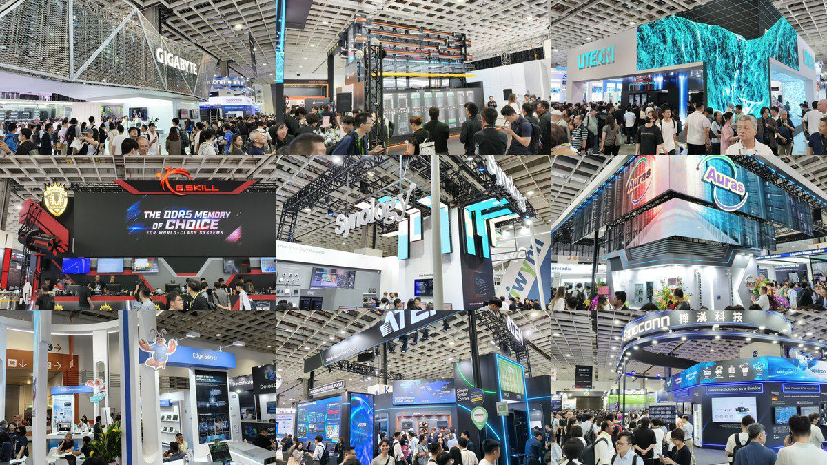 COMPUTEX 2026 展位設計：技嘉、維諦、光寶、芝奇、群暉、雙鴻、精英、宏正、樺漢等南港一館一樓攤位全景 3x3 拼貼
