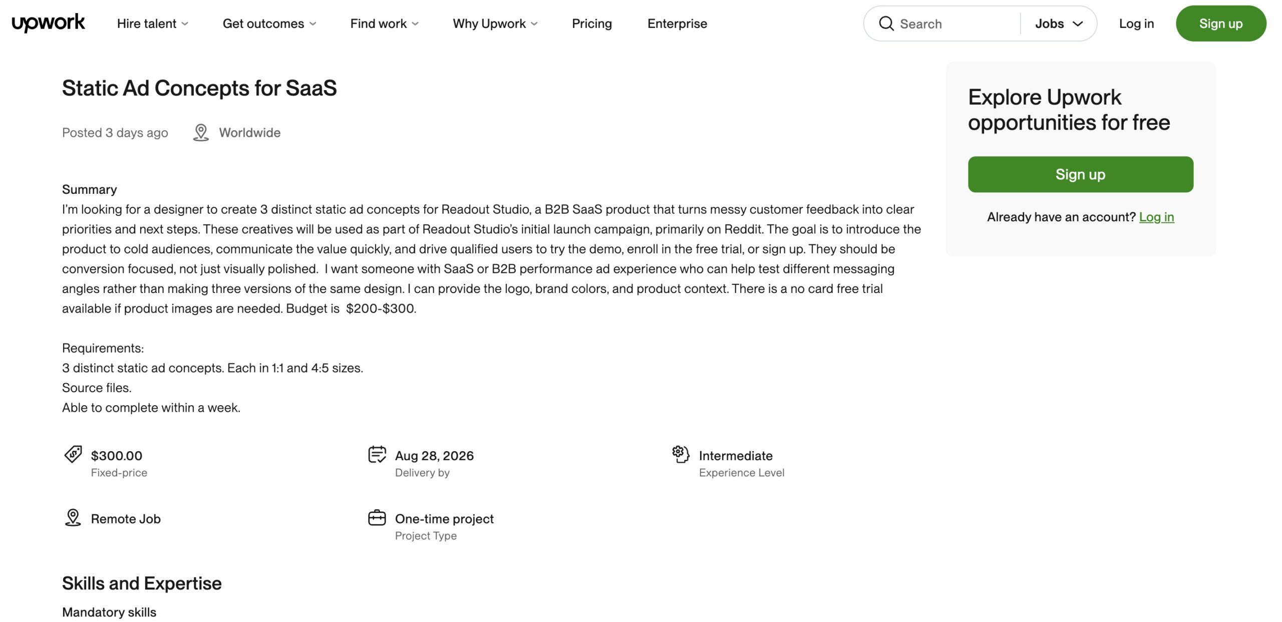 Upwork B2B SaaS 靜態廣告案件需求與 300 美元預算