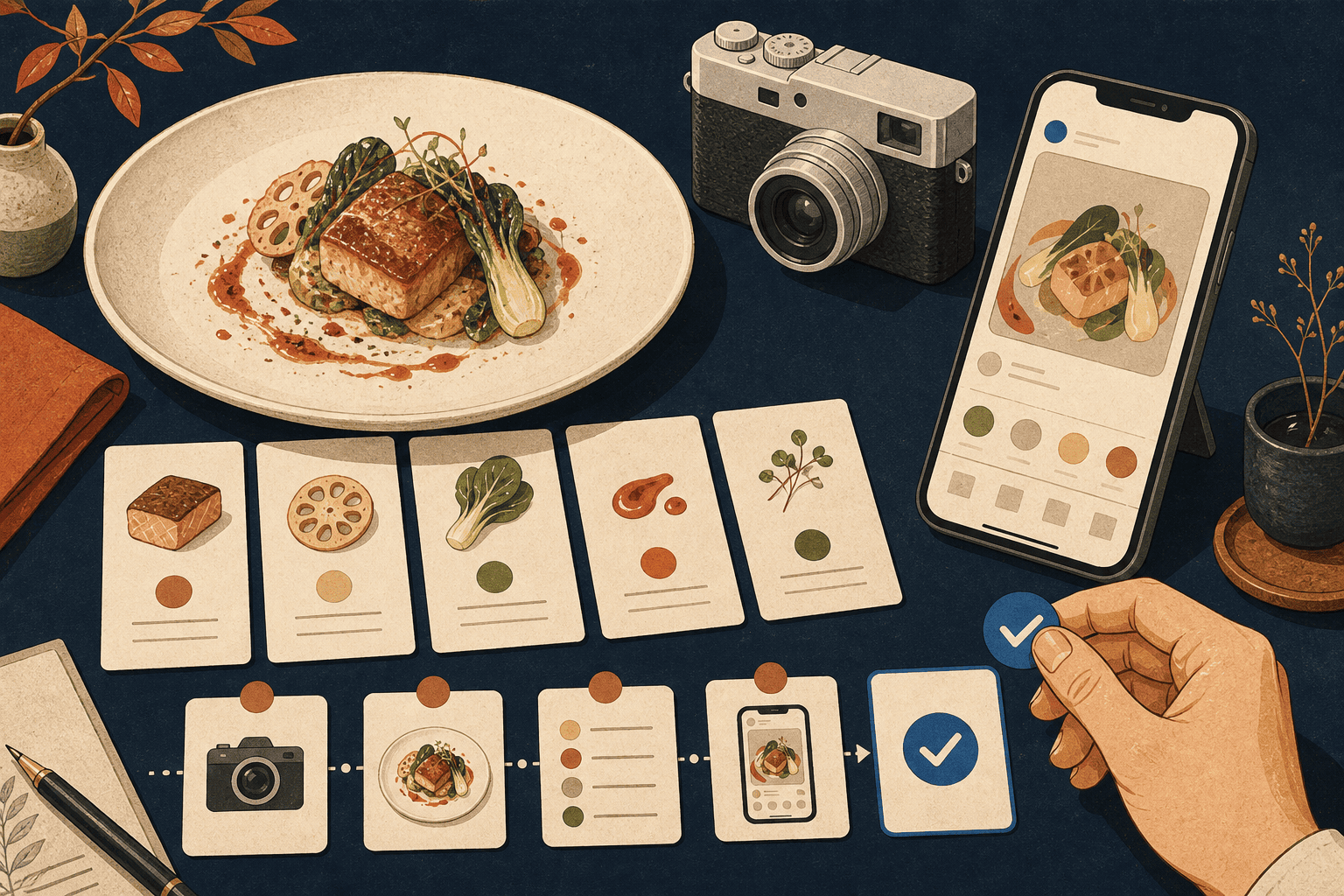 AI 行銷將餐點照片、菜單資訊與人工核准串成餐廳社群內容流程