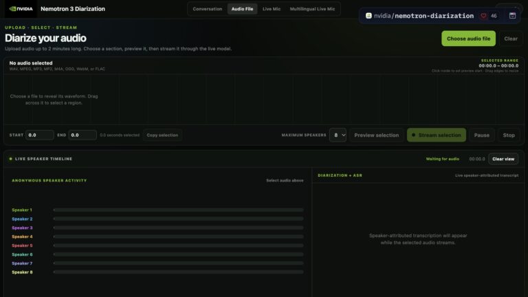NVIDIA 說話者分離 Demo 顯示音檔與不同說話者時間軸