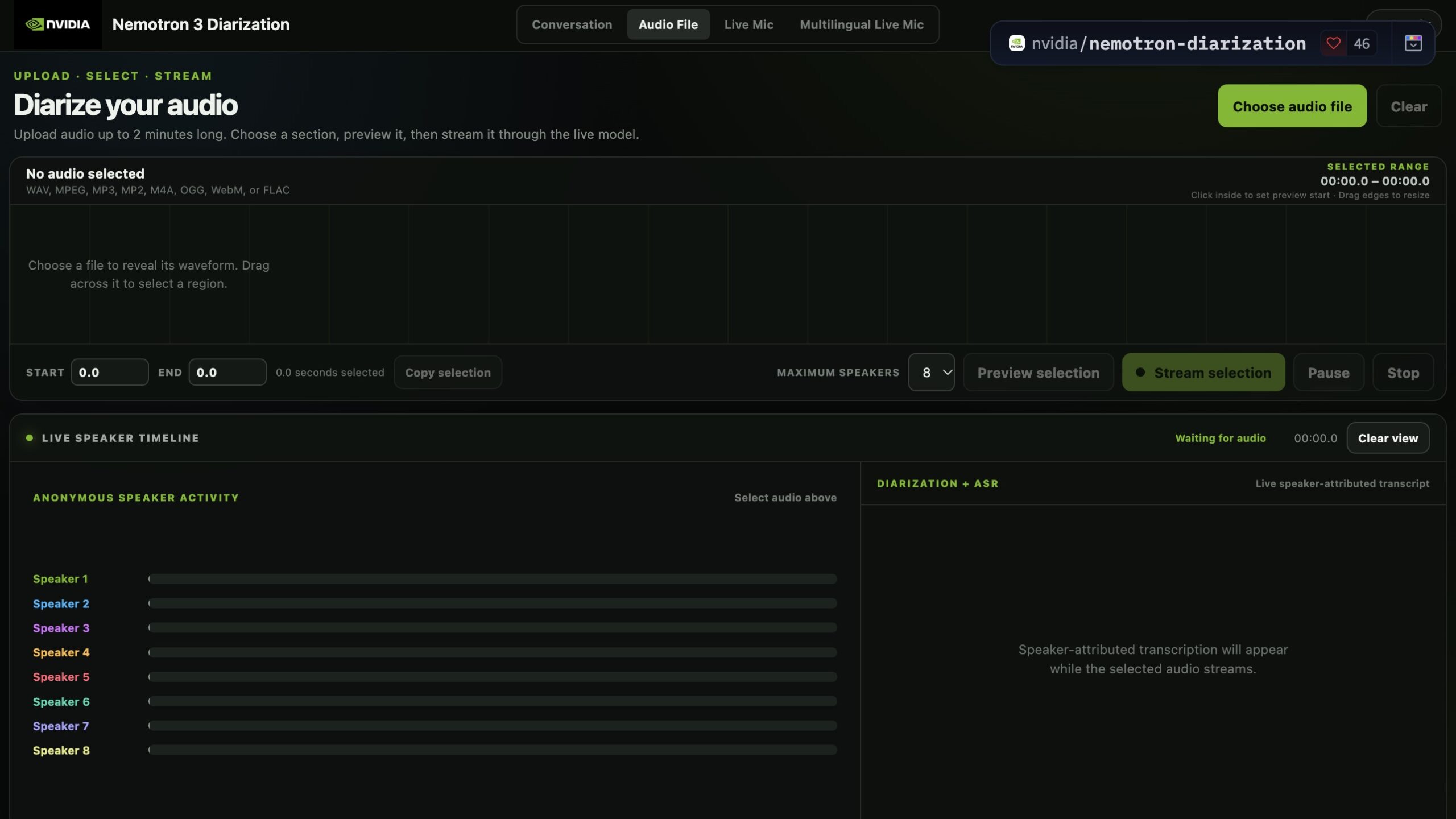 NVIDIA 說話者分離 Demo 顯示音檔與不同說話者時間軸