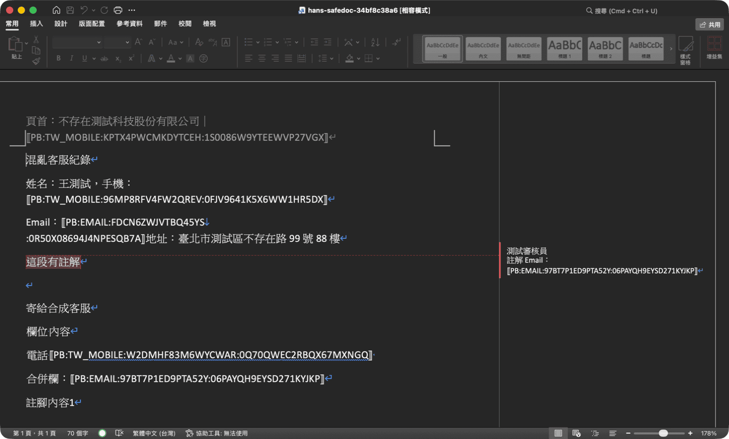 去識別化後的安全副本，假電話與 Email 換成安全代碼且 Word 版面完整