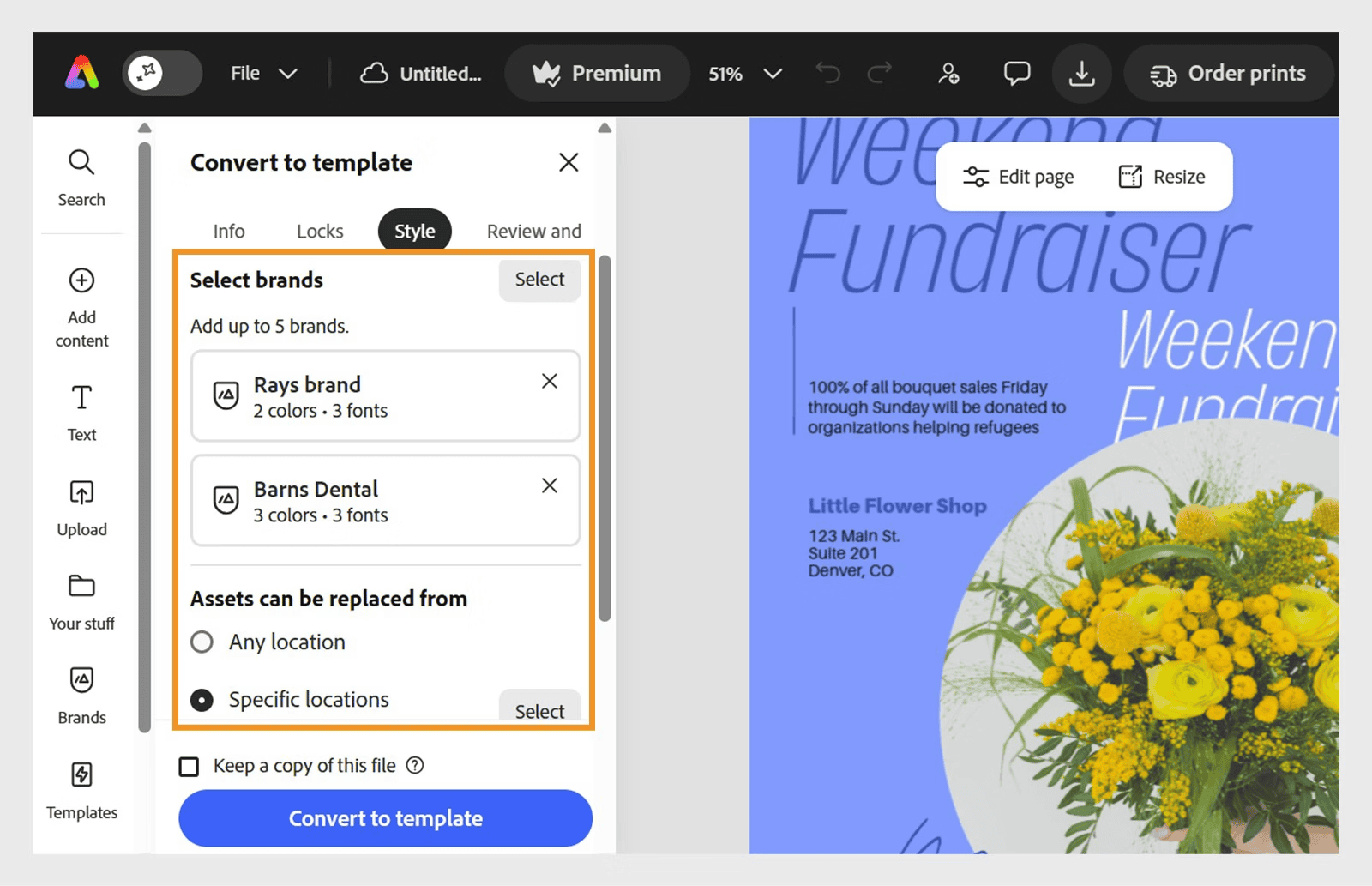 Adobe Express 將設計轉為受管控模板的設定介面