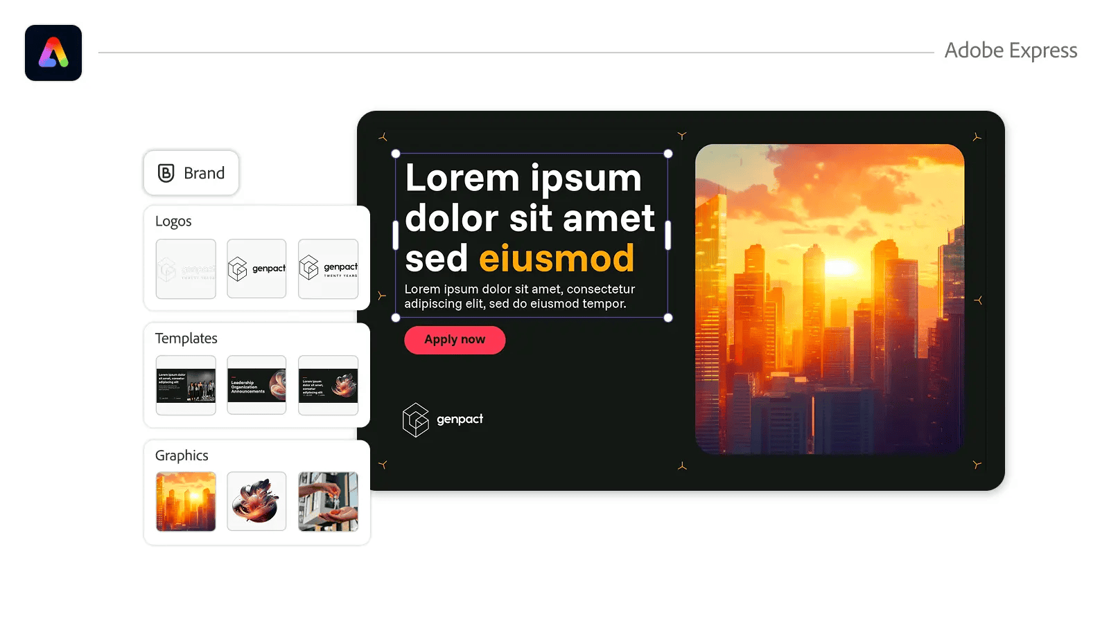 Adobe Express 介面展示品牌素材、模板與行銷設計版面