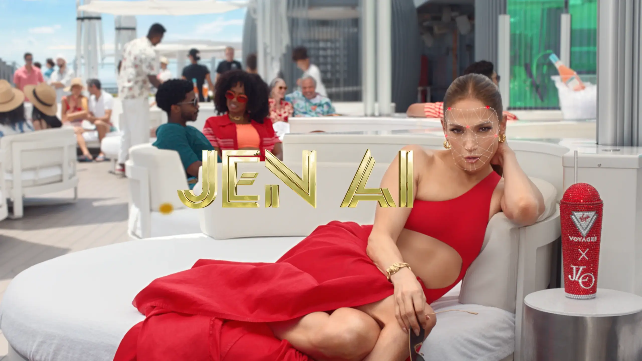 Jennifer Lopez 穿紅色洋裝坐在白色沙發上的 Jen AI 廣告畫面