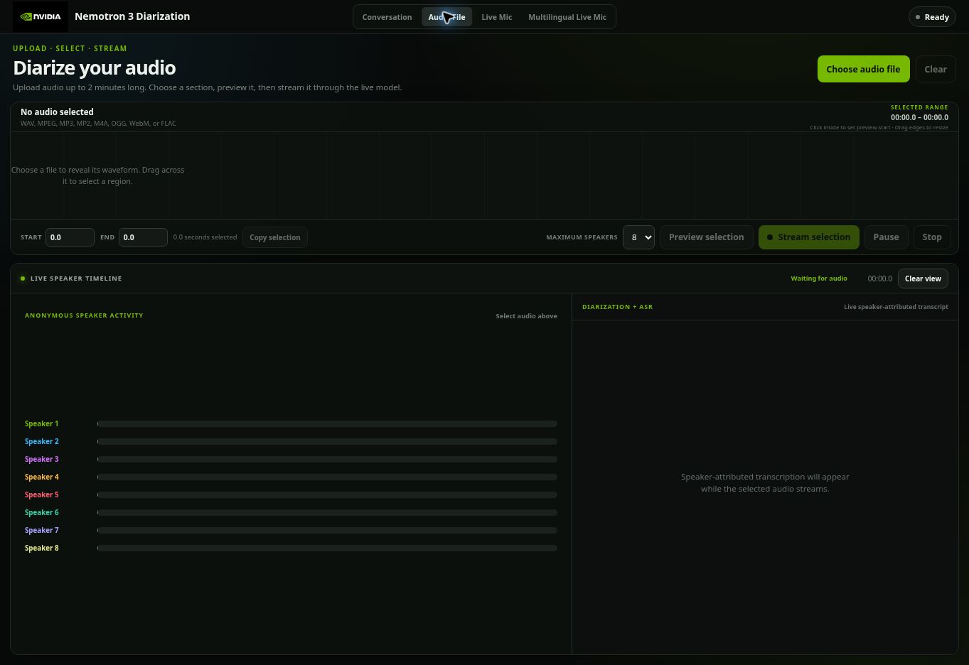 Nemotron 3 Diarization 官方 Demo 的 Audio File 音檔上傳介面