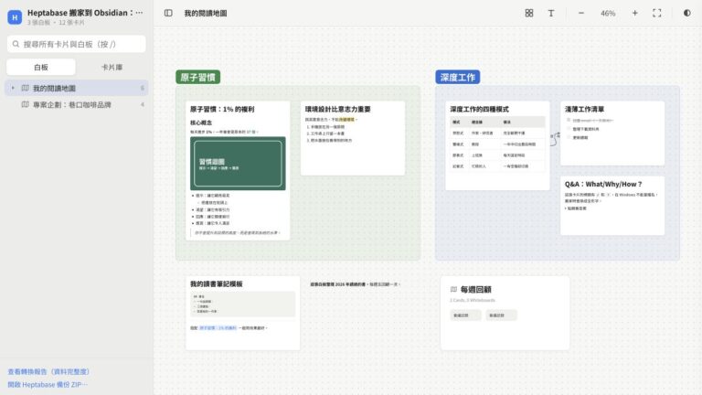 Heptabase 搬家工具以虛構資料展示閱讀地圖，保留卡片、區塊、圖片與連線