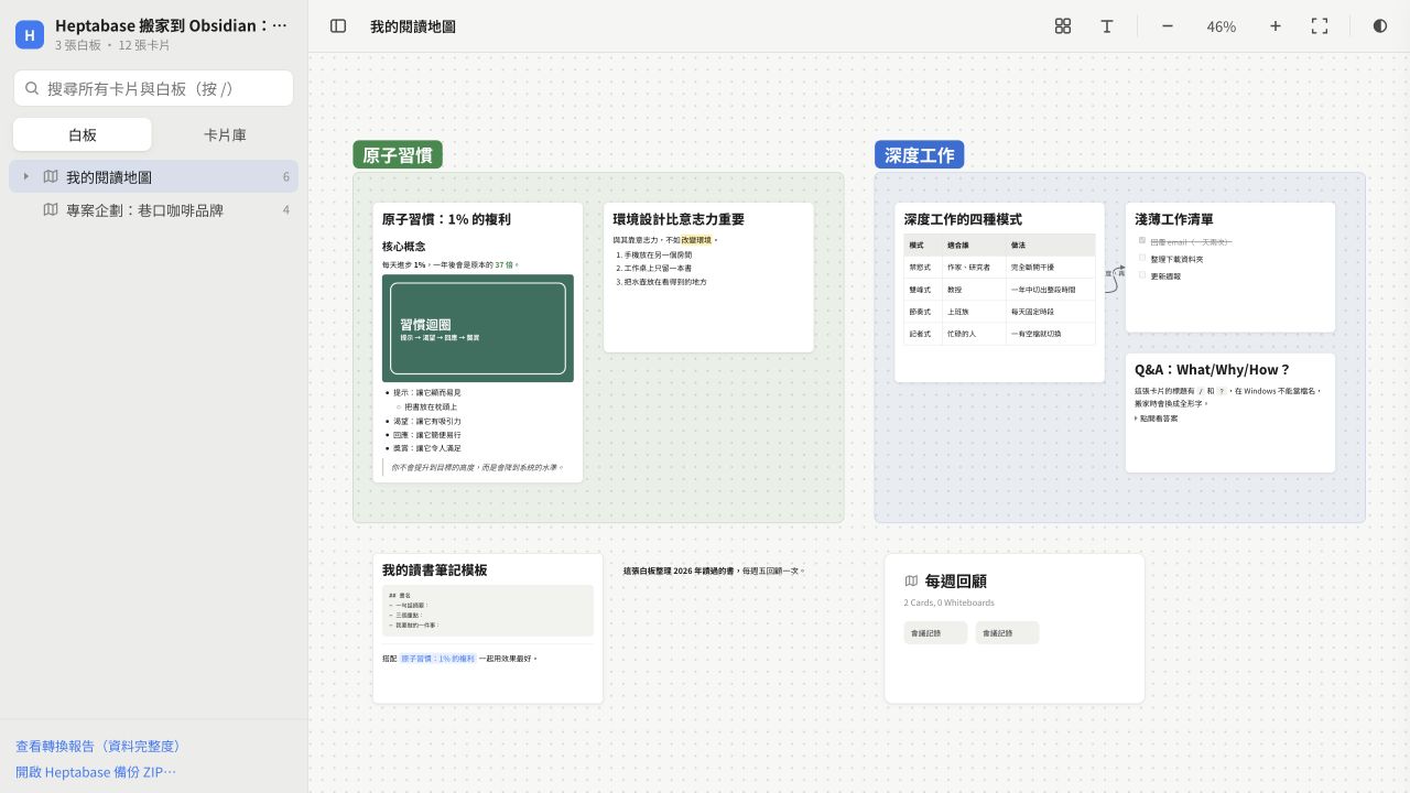 Heptabase 搬家工具以虛構資料展示閱讀地圖，保留卡片、區塊、圖片與連線