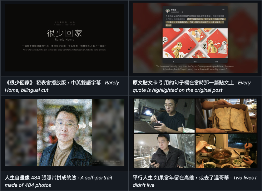 人生電影院作者示範的四個畫面:《很少回家》中英字幕、原文貼文卡、照片馬賽克自畫像與平行人生