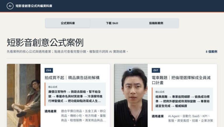 AI 短影音創意公式共編資料庫首頁，顯示 8 個案例總數與部分案例卡片