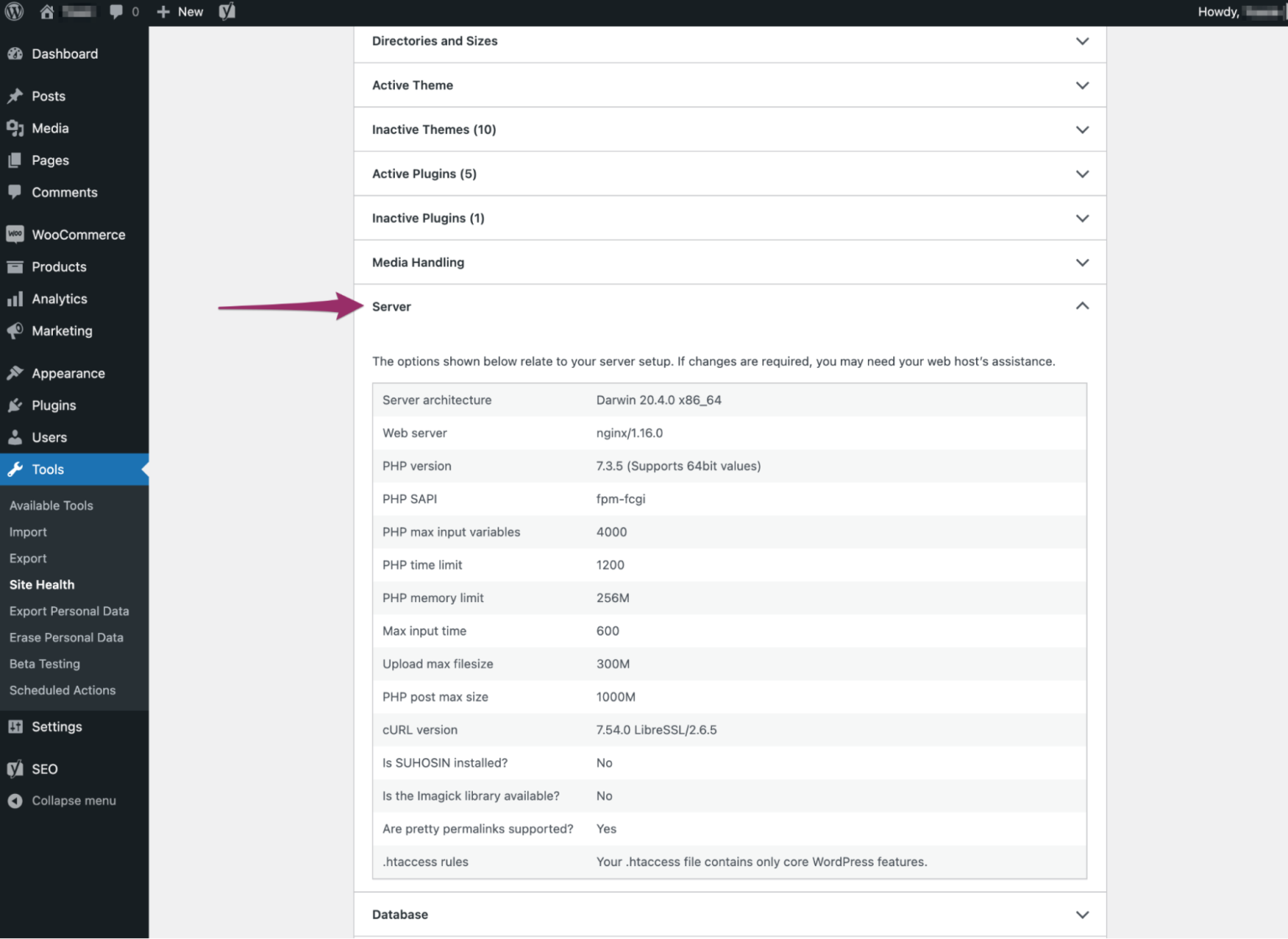 WordPress Site Health 的 Server 區塊,顯示 PHP 版本與伺服器資訊